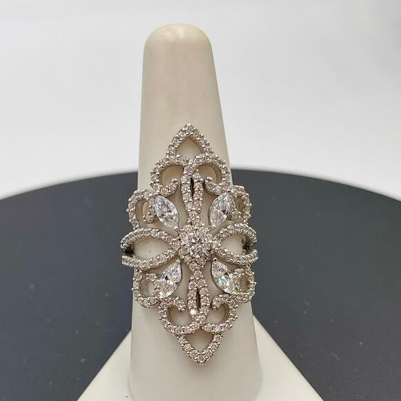 Designer Signed Sterling Silver 925 Filigree Marquise and Pave CZ Ring Sz 8.5 - Picture 1 of 11